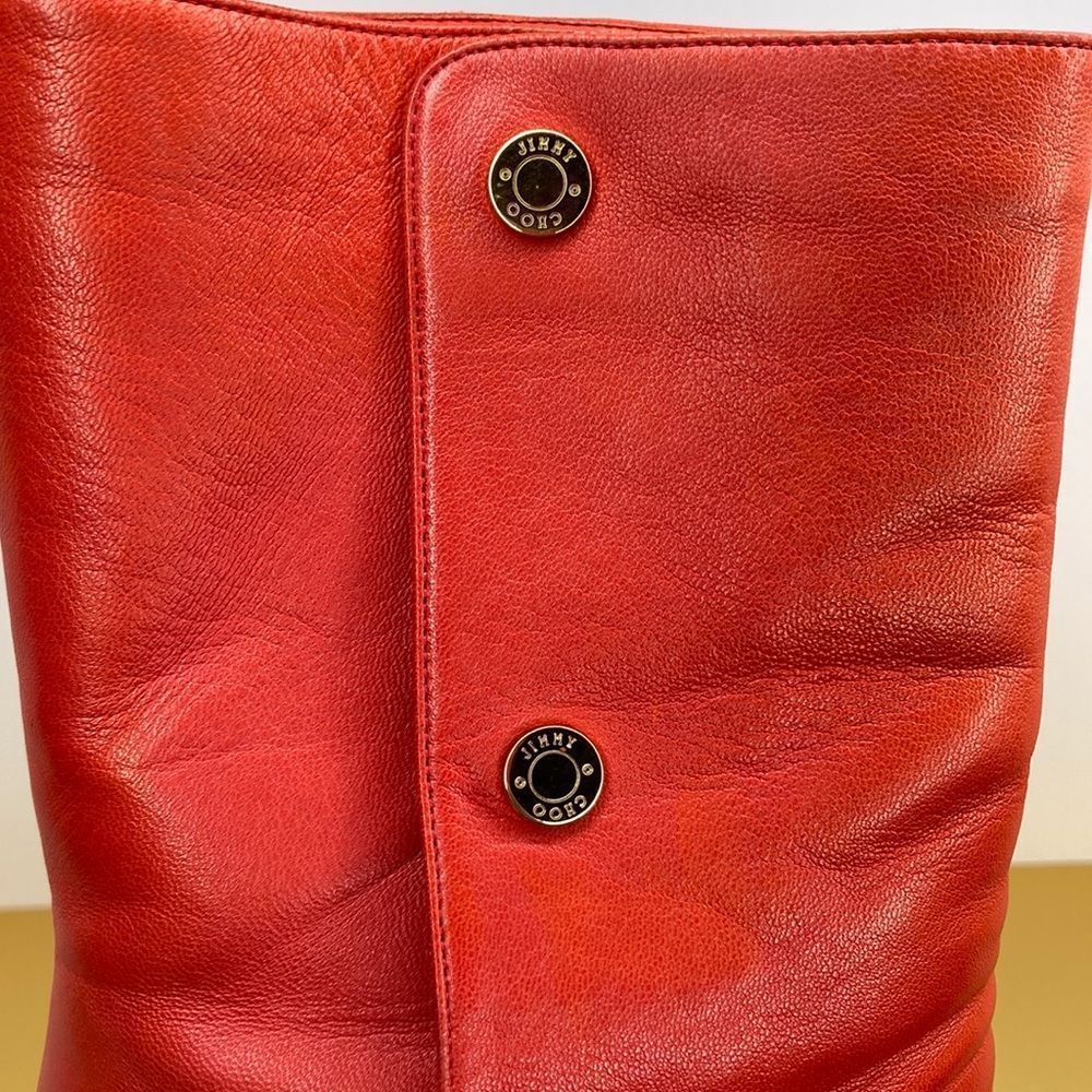 Jimmy Choo Boots Dayno Leather Mid Calf Vibrant Red Gold Button Closure Boots - Picture 7 of 16